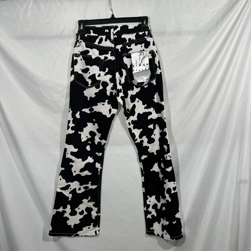 NEW $395 SIMON MILLER [ 24 ] Bell Bottom Jeans In Black White Cow‎ Print #Q375